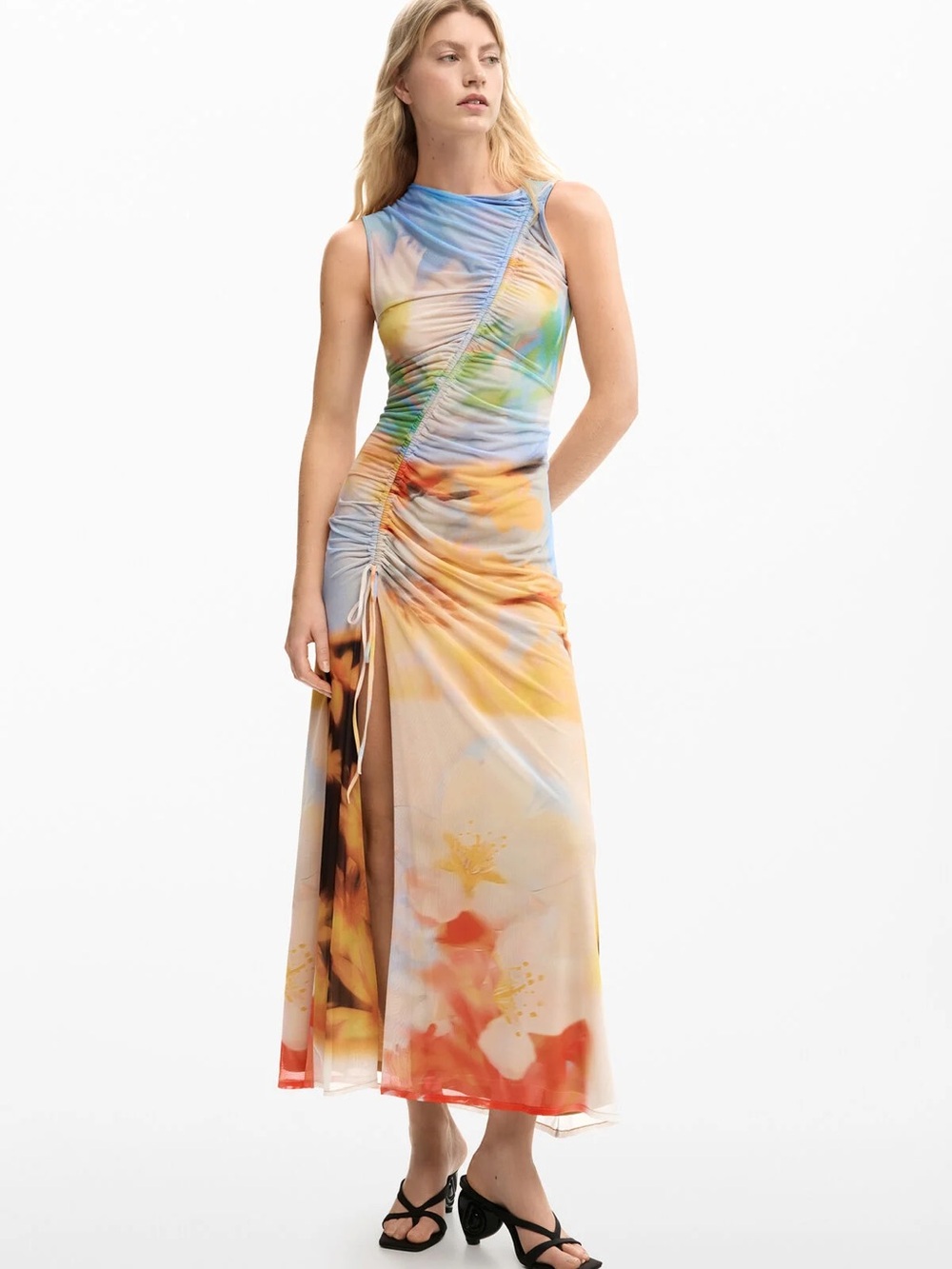 Desigual Multicolor Floral Ruched-Back Sleeveless Maxi Dress
